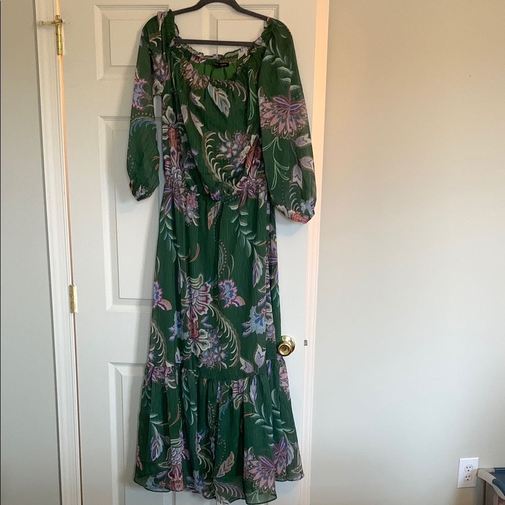 Boston Proper Green Floral Long Sleeve Maxi Dress